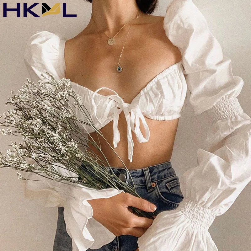 

Женская винтажная укороченная блузка с длинным рукавом и поясом
