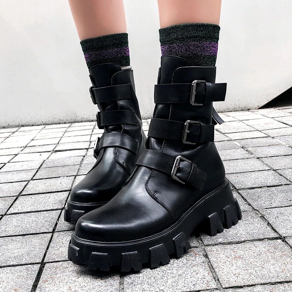 

Sarairis 2020 Fashion New Motorcycle Boots Women Shoes Genuine Leather Belt Buckle Platform Comfortable Zipper Ankle Boots