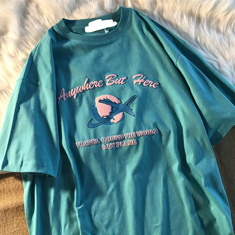 

2021 summer lake blue short sleeve t-shirt female new student top summer Korean loose thin letter printing