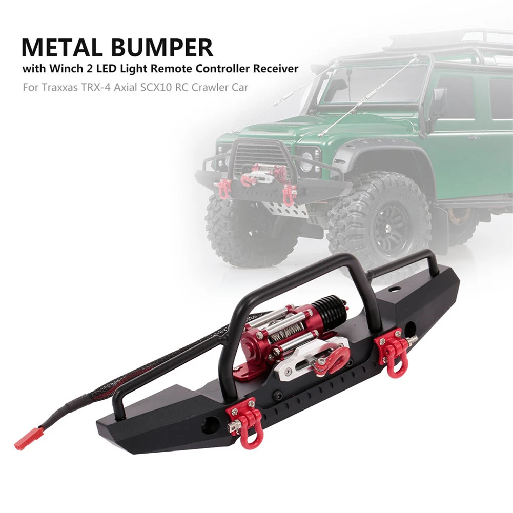 

RC Car Metal Bumper Winch Interactive with 2 LED Light Remote Control Children Portable Present for 1/10 TRX-4 SCX10