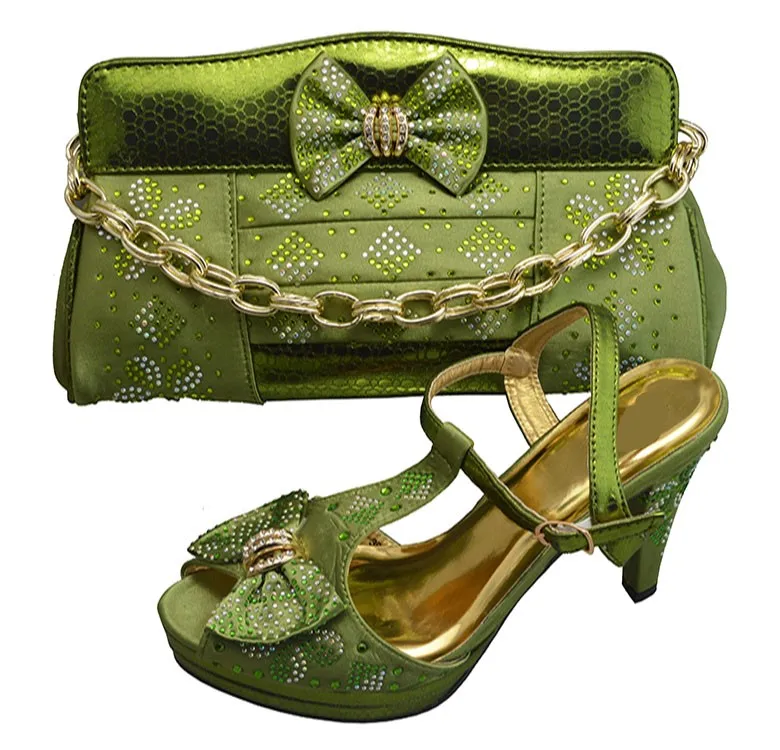 

Модные женские туфли-лодочки армейского зеленого цвета, подходящие к комплекту сумочки с украшением в виде камня, африканская обувь и сумка для вечеринки GF13, каблук 10 см