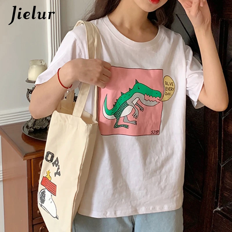 Jielur Women T-shirt Summer O-neck Cartoon Printed Casual Blusas Ladies Cute Tee Tops White Femme Korean Streetwear T Shirt 2021 | Женская