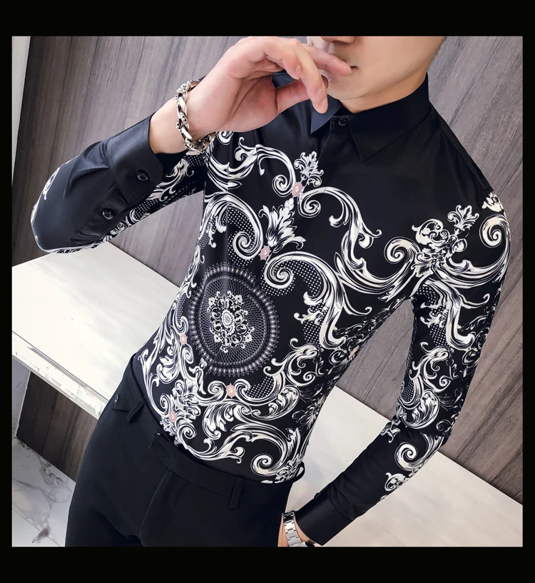 Мужская рубашка с принтом пейсли, Camisa, облегающая мужская деловая рубашка для мужчин, облегающая Корейская одежда, мужская рубашка для выпускного вечера
