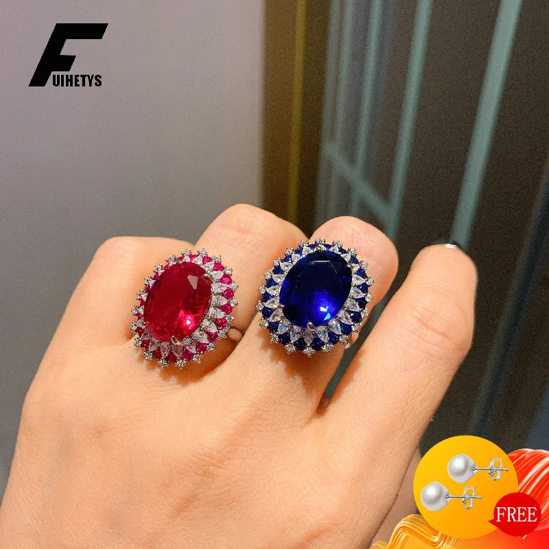 

FUIHETYS Silver 925 Jewelry Ring with 12*16mm Sapphire Ruby Zircon Gemstone Oval Shape Open Finger Rings for Women Wedding Party