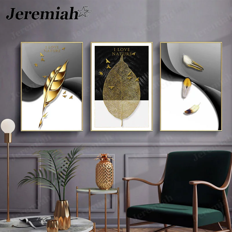 

Modern abstract leaf canvas poster wall art golden leaf feather painting Nordic home living room decoration accessories
