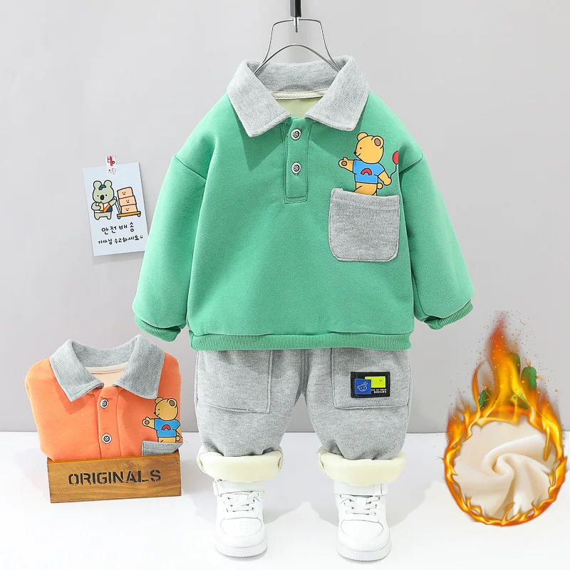 

Зимняя одежда для маленьких мальчиков, модные наряды из бутика птиц, Однотонный свитер с лацканами и длинными рукавами, плюшевый толстый те...