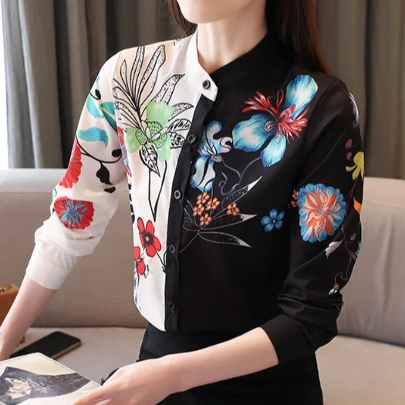 

Spring Autumn Women's Blouse New Retro Printing Contrast Color Stand-up Collar Top Korean Style Slimming Long-sleeved Tops GX304