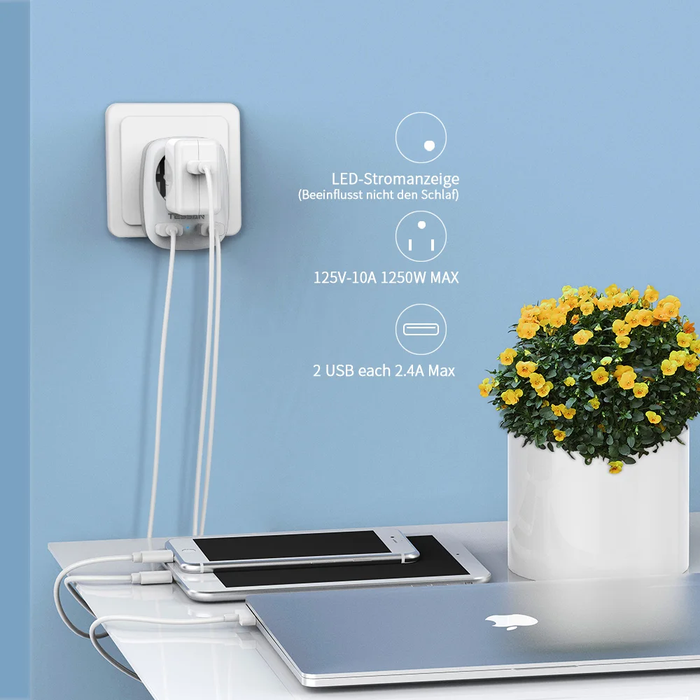 

TESSAN 4 in 1 USB Wall Socket Power Overload Protector with On/Off Switch 2 AC Outlets 2 USB Charge Ports EU Plug Power Adapter