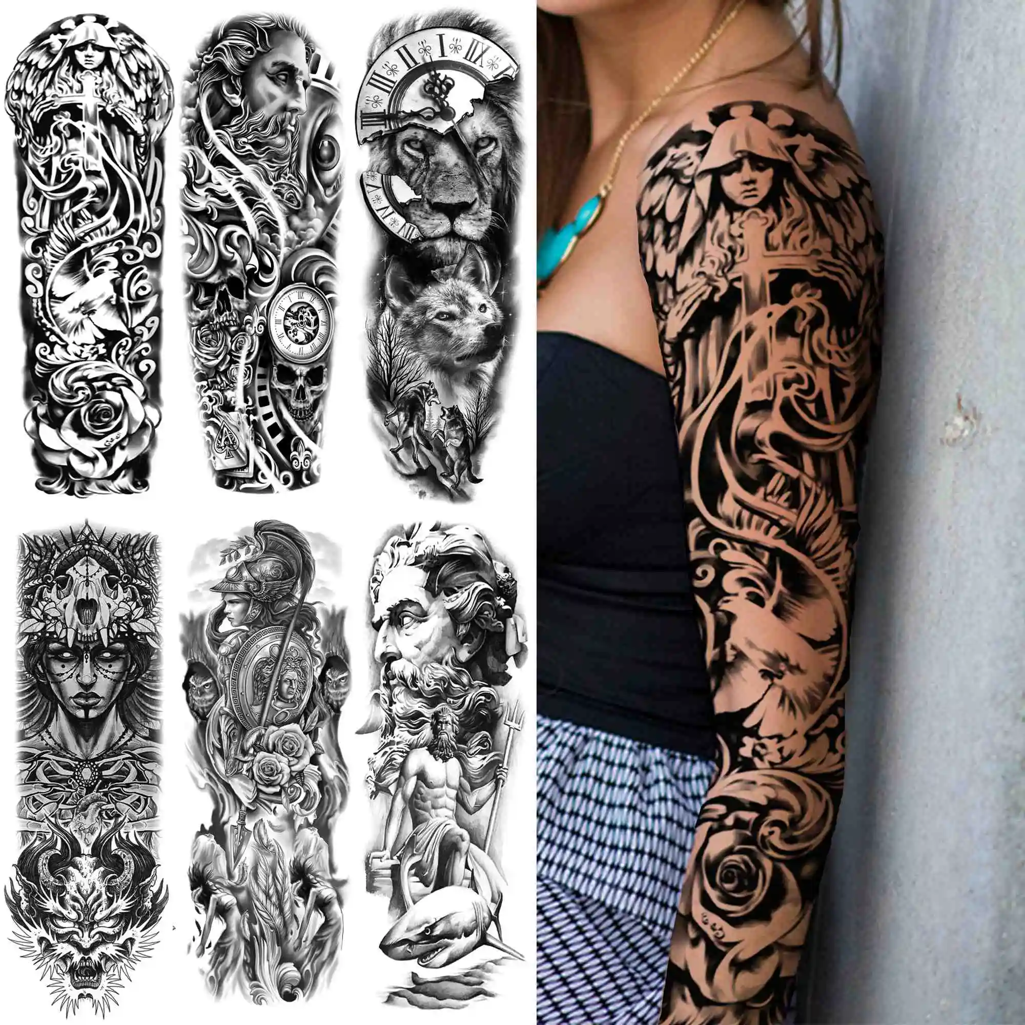 

Black Nun Girl Flower Temporary Tattoos For Women Men Adult Lion Soldier God Tattoo Sticker Sleeve Fake Body Art Tatoo Paste
