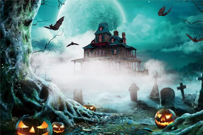 Halloween Photo Backdrop Watercolor Pumpkin Pumpkin Scary Graveyard Castle Night Full Moon Photography Background enlarge