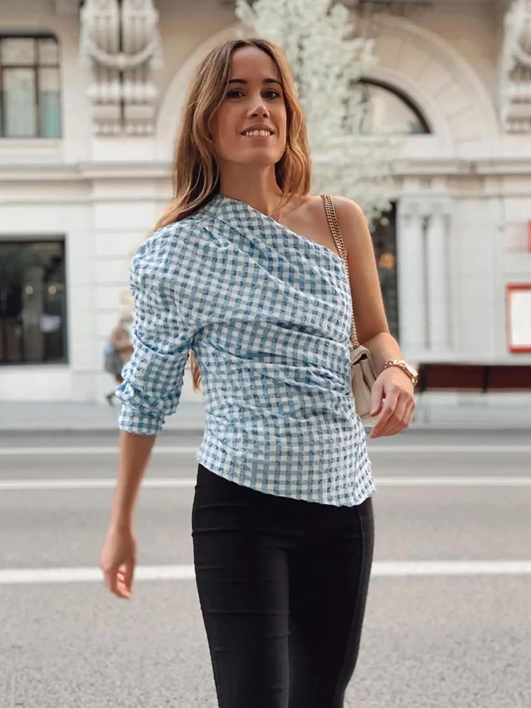 

Блузка женская, на одно плечо, в синюю клетку, с рюшами, асимметричная, 2021