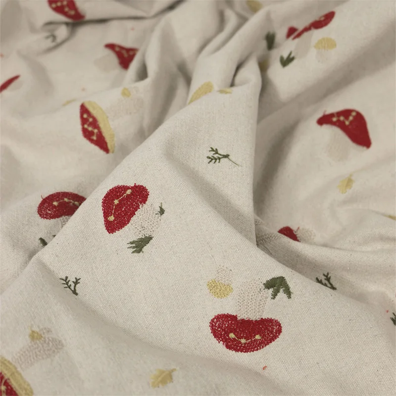 

130cm width Original Homemade Mushroom Embroidered Cotton Linen Fabric Household Bag Clothing Fabric