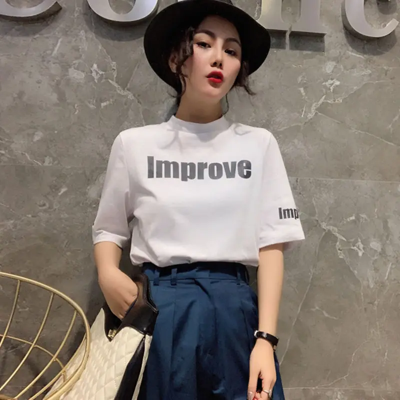 

2021 spring and summer new women's Cotton Short Sleeve T-Shirt European half high collar base coat western style top