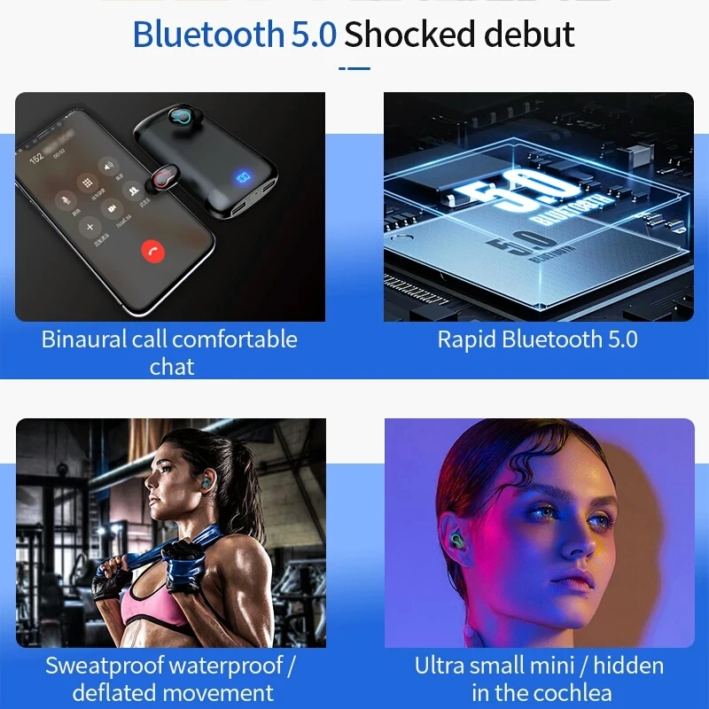 Wireless V5.0 Bluetooth Headphone HD Stereo Earphone Sports Waterproof Headset With Dual Mic and 6000mAh Battery Charge Case | Электроника