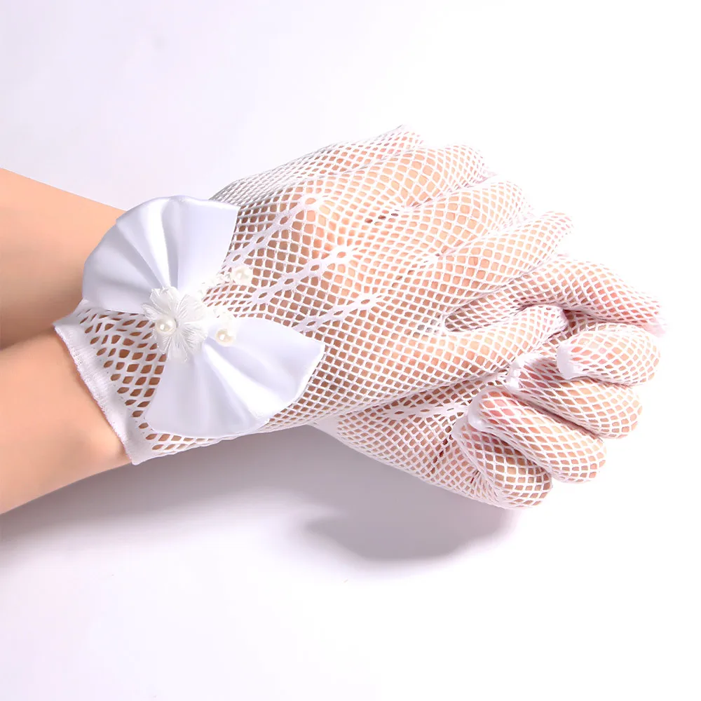 

1 Pair Flower Gloves White Flower with Bow Dresses Gloves Dress Accessories for Ladies Mesh Gloves Princess Gloves
