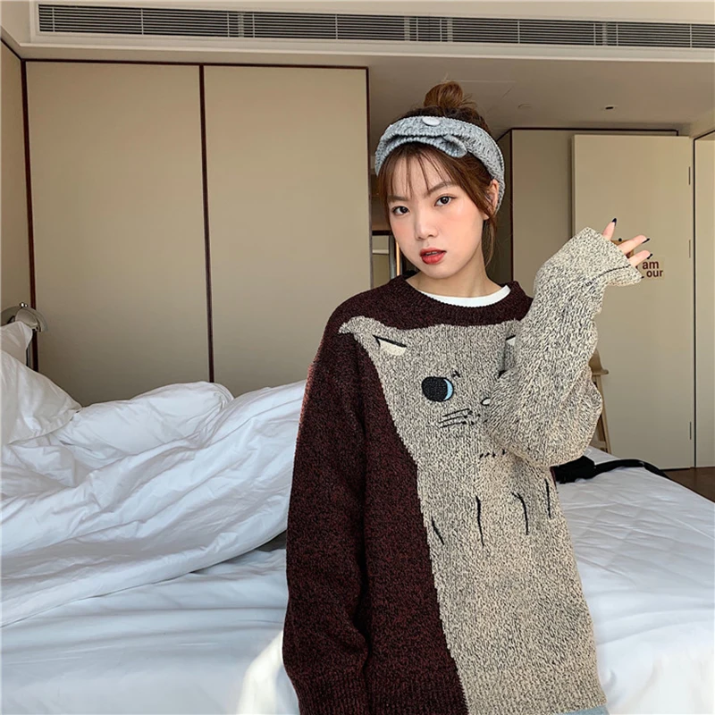Женские свитера японский Kawaii Ulzzang Свободный Повседневный Ретро свитер с ленивым