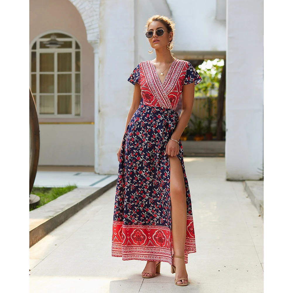 

Newly Women's Floral Print Long Dress V Neck Vintage Short Sleeve Splits Belted Flowy Boho for Summer Beach m99