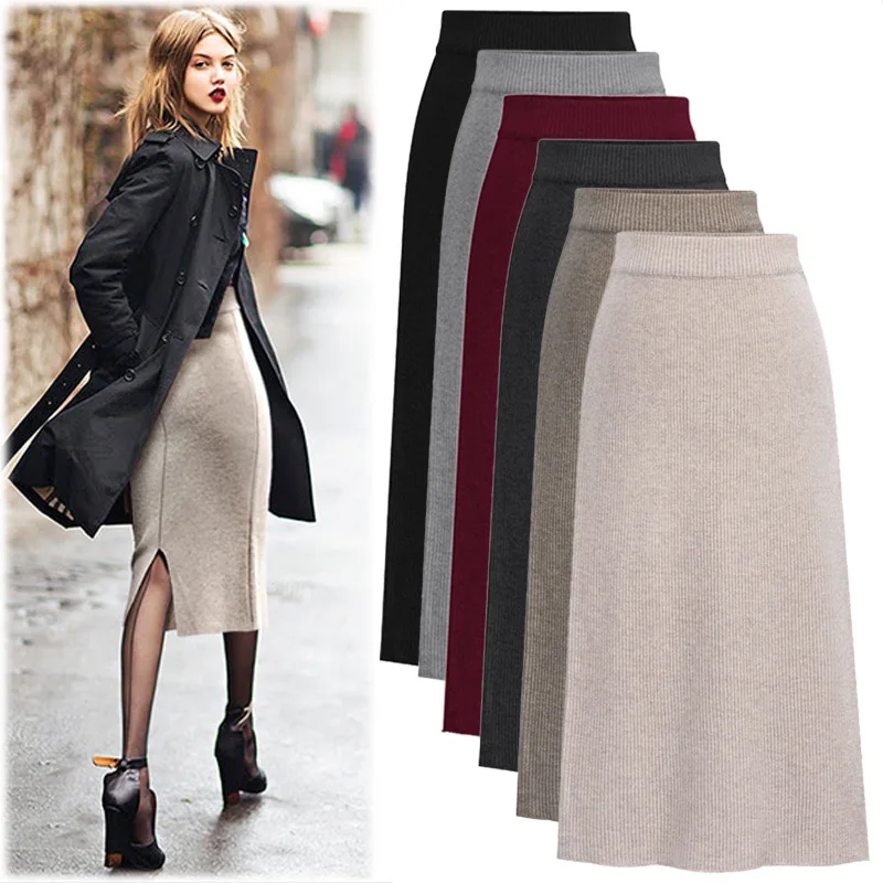 

FNOCE 2020 autumn women's skirts street fashion casual elegant solid high waist tight slim bag hip sexy High-end Mid-Calf skirt