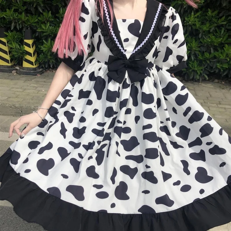 

QWEEK Cow Print Kawaii Lolita Style Dress Women Summer Japanese Style Sweet Sailor Collar Cute Milk Ruffle Dress Soft Girls