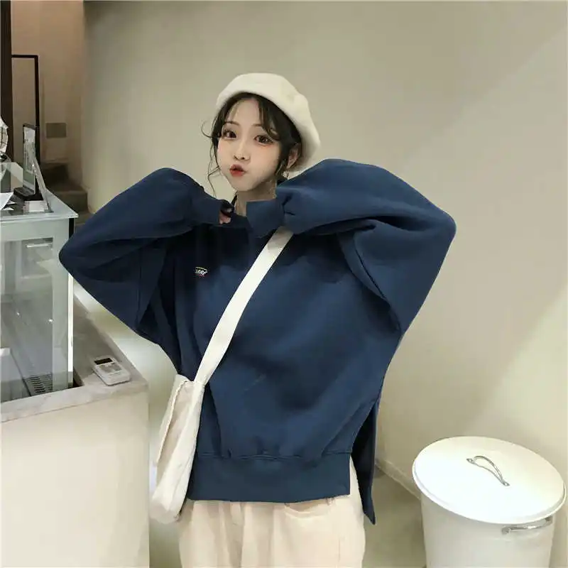 

Женские пуловеры, модная новинка, элегантный Свободный свитшот в Корейском стиле с круглым вырезом, рукавами «летучая мышь» и Боковым Разре...