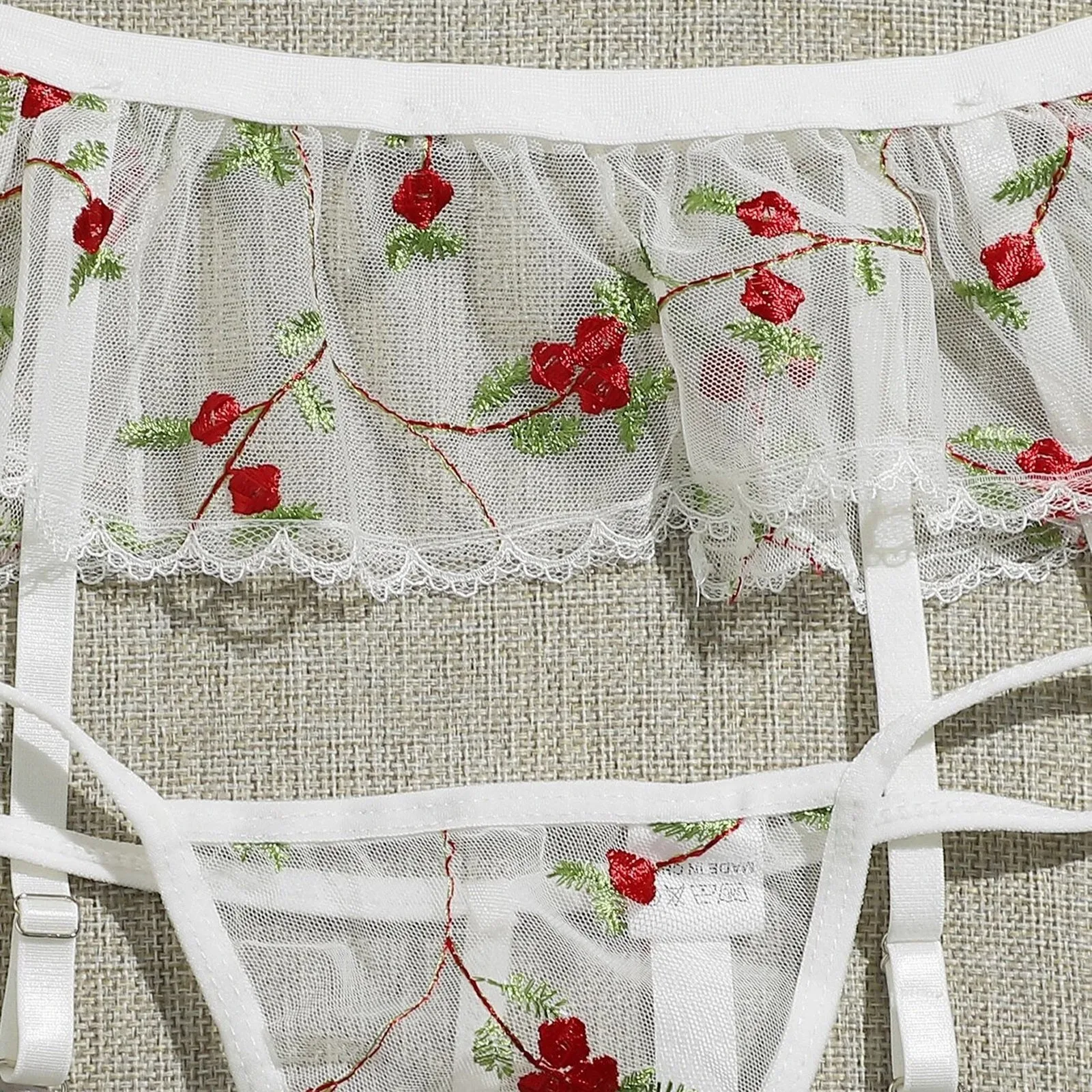 

White Floral Embroidery Lingerie Set Women Exotic Underwear Transparent Mesh Bra Ruffle Garter Thongs Sets Sexy Nightwear 3pcs