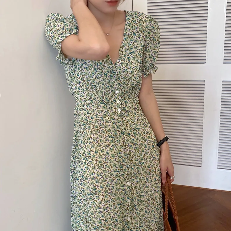 

Summer Women Bohemian Floral Dress v Neck Print Chiffon Dresses Beach Short Sleeves Casual Midi Dress