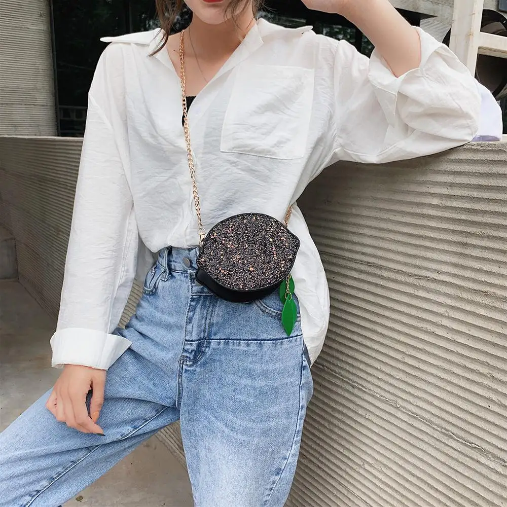 Женская сумка через плечо блестящая лакированная кожа лимон круглая цепь