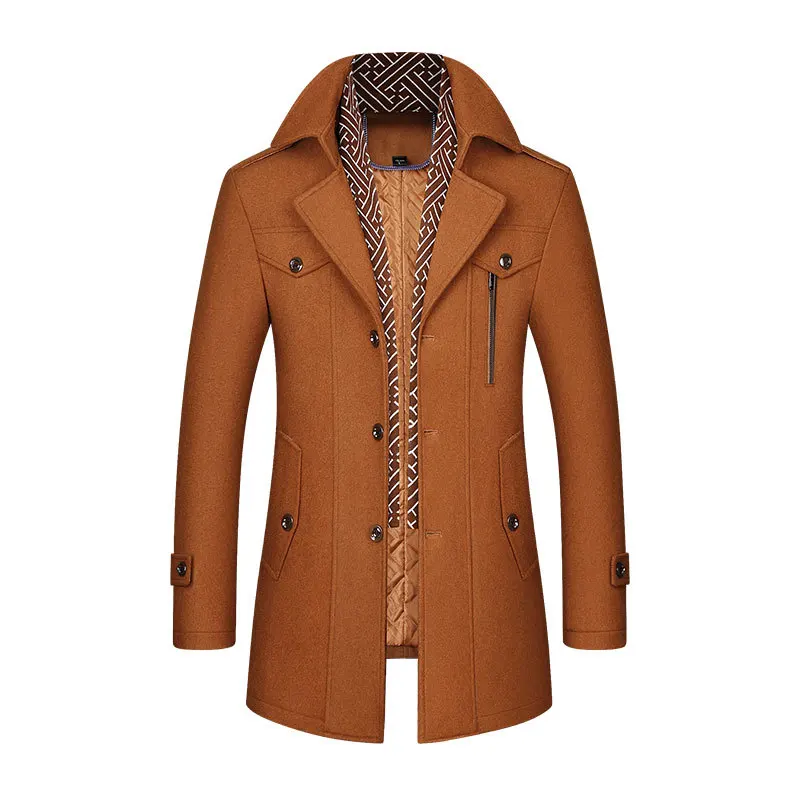 

Thicken Menwoolen Woolen Windbreaker Scarf Collar Mid-length Fashion Woolen Coat Jacket Men‘s Clothing