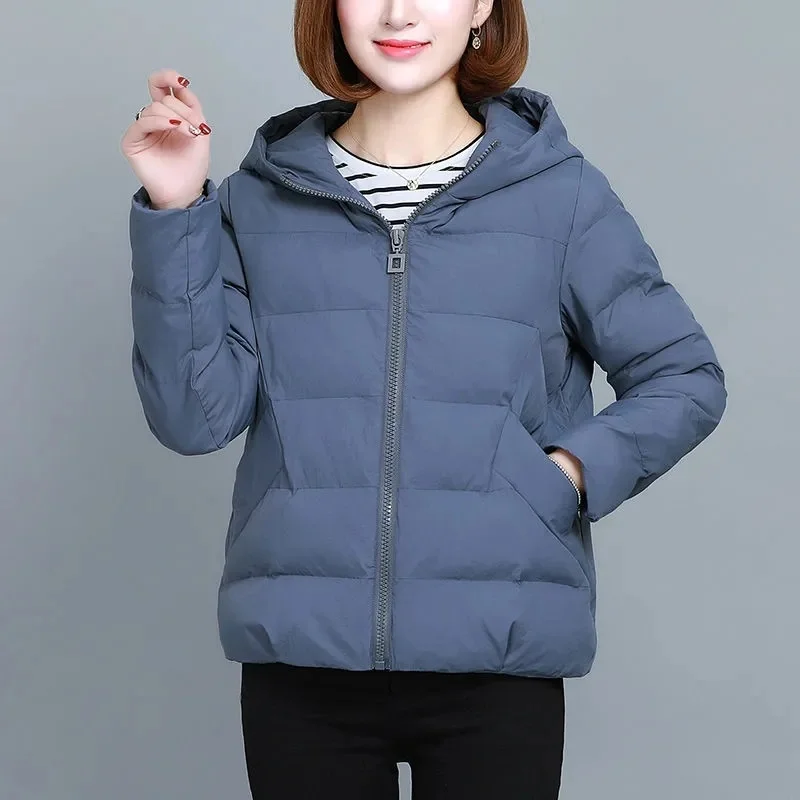 

Hooded Jacket Women Wnter 2021 Cotton Padded Coat Plus Size Slim Solid Color Zipper Basic Parkas Warm Mom Short Quilted Outwear