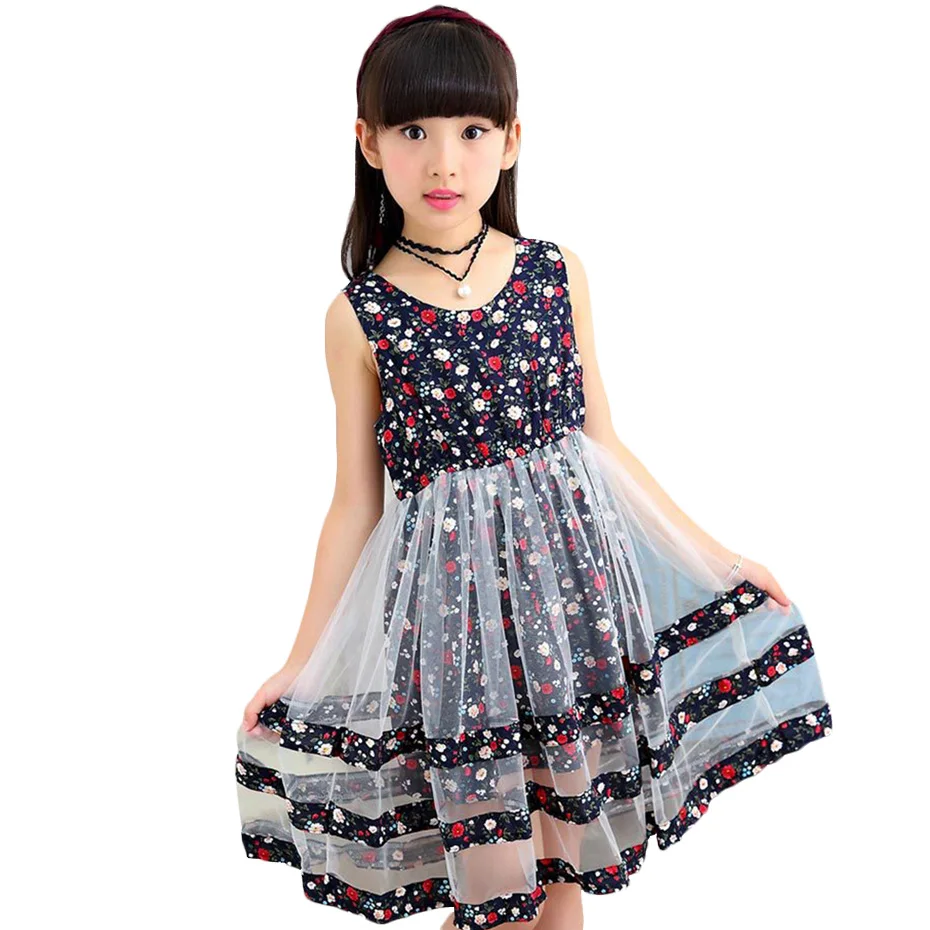 Летние платья для девочек Повседневное платье без рукавов с цветочным принтом