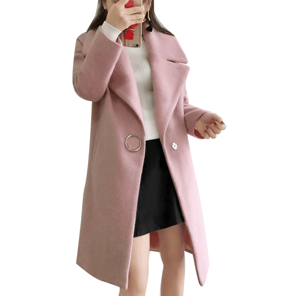 Женское зимнее пальто с длинным рукавом однотонное теплое отложным воротником