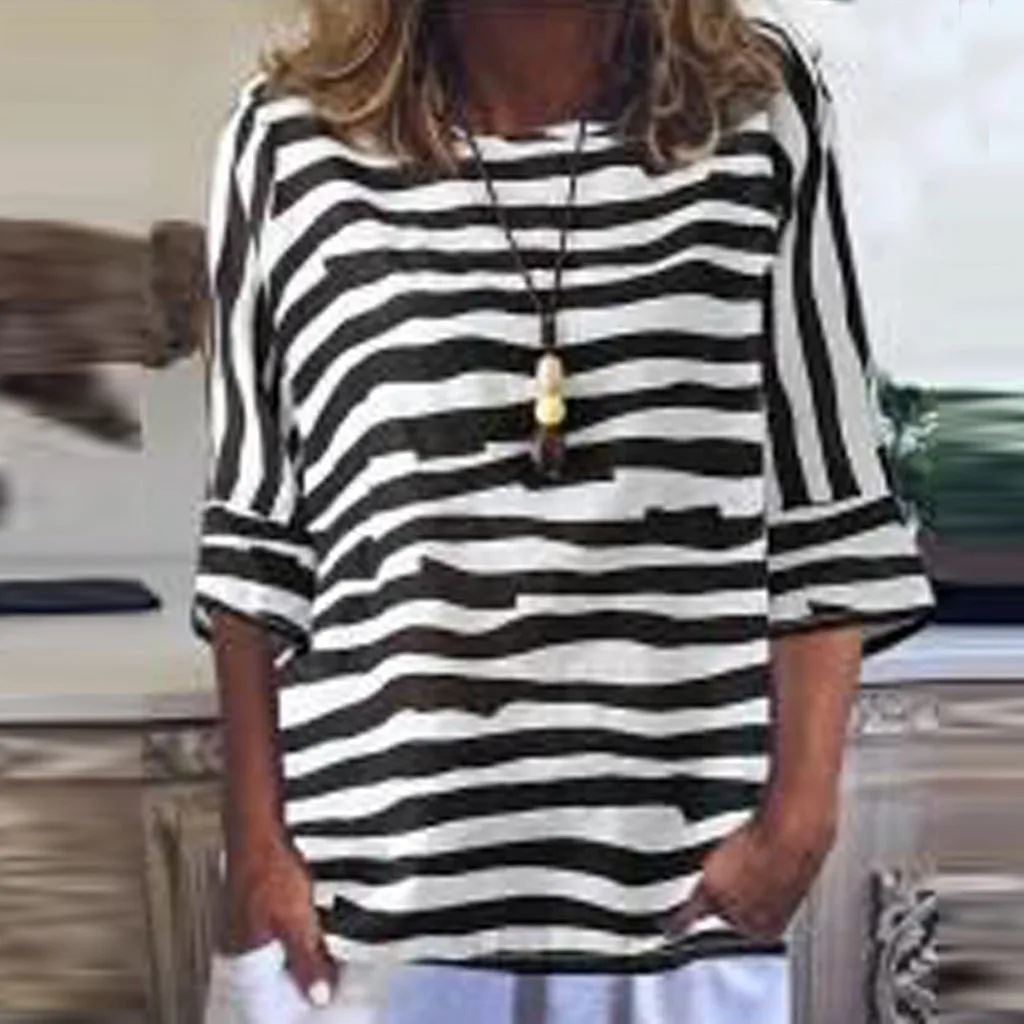 Женская блузка в черно белую полоску с длинным рукавом свободная повседневная