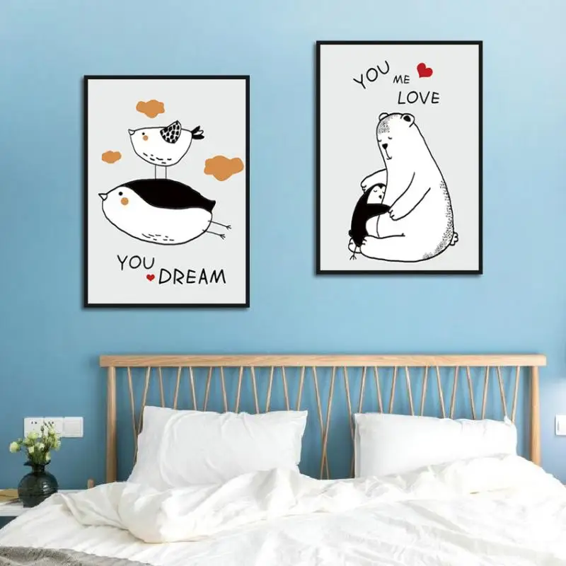 

Декоративная Картина на холсте в скандинавском стиле ручная роспись мультяшное творческое животное медведь Пингвин домашнее украшение дл...