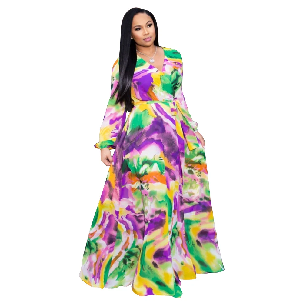 

Hot Sale Summer Fashionable Long Sleeve Dress with Waistband for Women Beach Dress