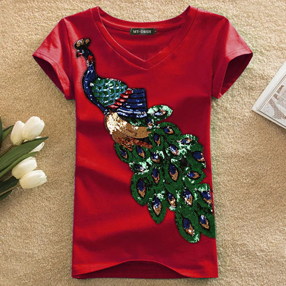 V Neck Wine Новая модная женская элегантная футболка с круглым вырезом и вышивкой в виде павлина женская футболка с пайетками Повседневный Топ тройник размера плюс S-4XL - Цвет: V Neck Wine