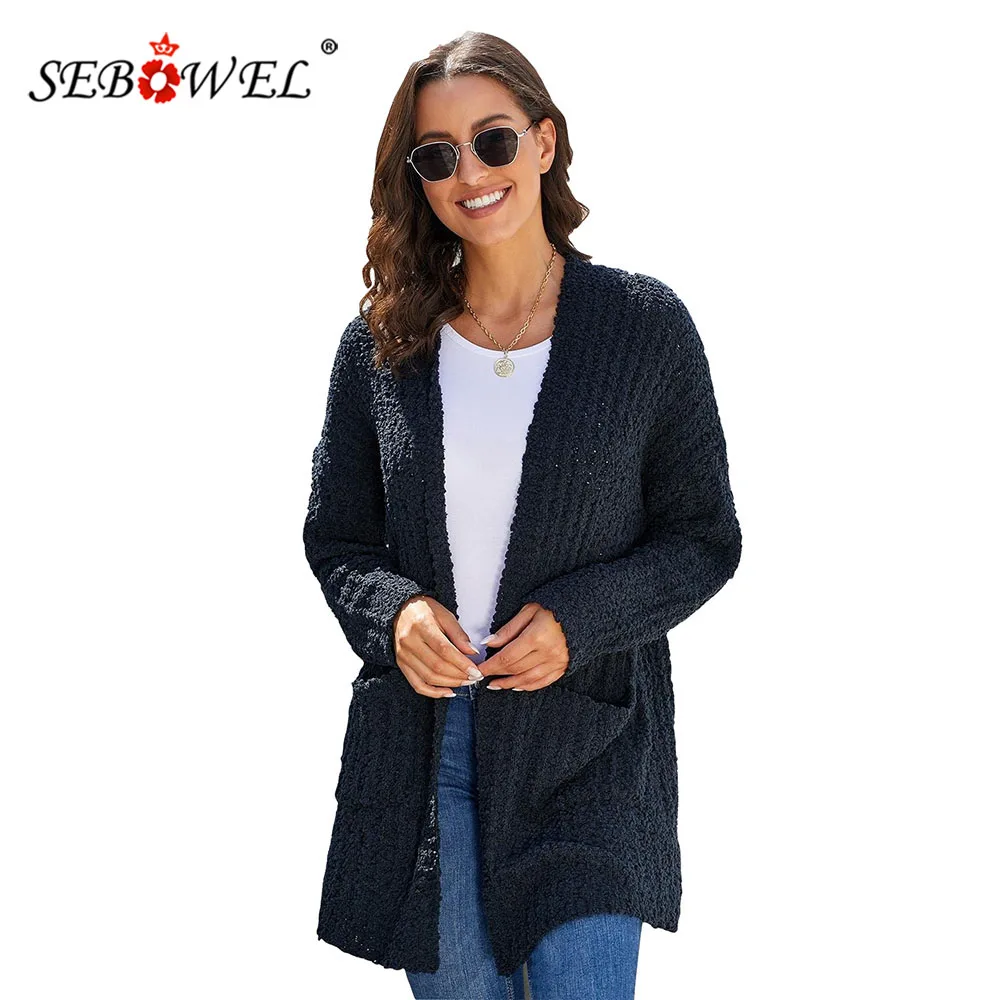 

SEBOWEL Autumn Winter 2020 Woman Popcorn Knit Long Cardigans Sweaters Female Knitwear Coat with Pockets Loose Casual Cardigan