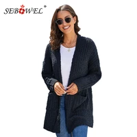 sebowel autumn winter 2020 woman popcorn knit long cardigans sweaters female knitwear coat with pockets loose casual cardigan