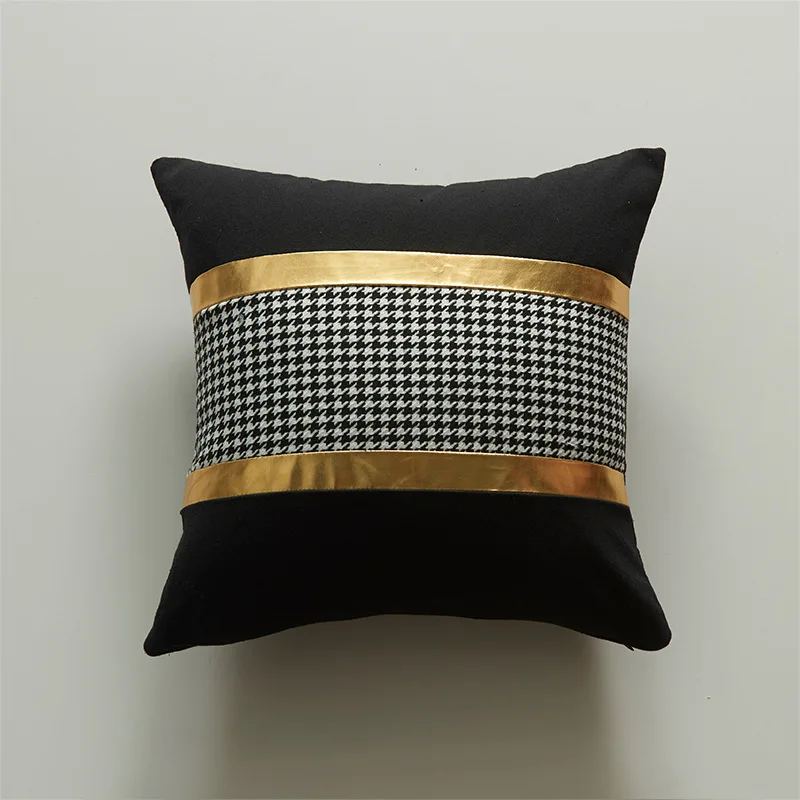 

Golden strip leather stitching black white pillowcase Living room sofa cushion cover Houndstooth pillow cover 45x45cm &35x50cm