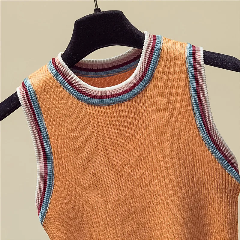 women Striped Color collision knitted vest female lady Girls suspenders waistcoats thin summer ice silk sleeveless Tank Tops