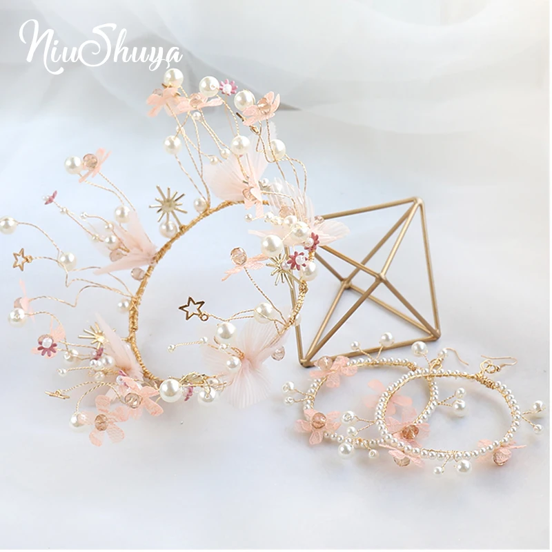 NiuShuya Bridal Headdress Korean Handmade Pink LaceFlower Round Crown Wedding Dress Hair Accessories Princess Tiaras | Украшения и