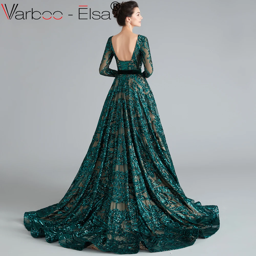 VARBOO_ELSA green Robe De Soiree Длинные вечерние платья с длинными рукавами и поясом, торжественное платье с блестками, женские вечерние платья