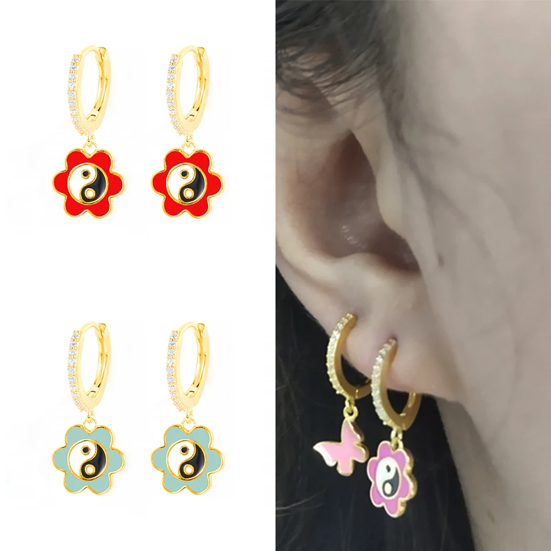

2021 Colorful Enamel Petal Butterfly Hoop Earrings for Women Girls Pendientes Plata 925 Hanging Huggie Earrings Women Jewelry