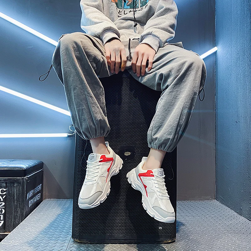 

2021 Spring and Autumn Men's Sneakers Rubber Height Increasing Leisure Comfortable Light Running Shoes Lace-Up Non-slip