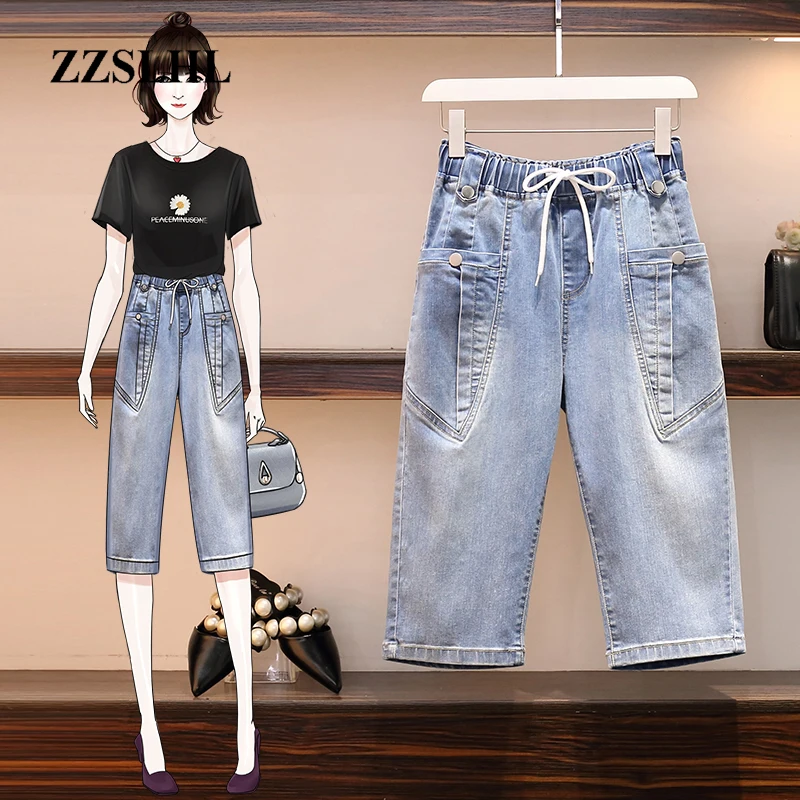 

Women Jeans Pants Loose Plus Size 4XL Summer 2020 Female Casual Vintage Pockets Elastic Waist Denim Blue Length Trousers