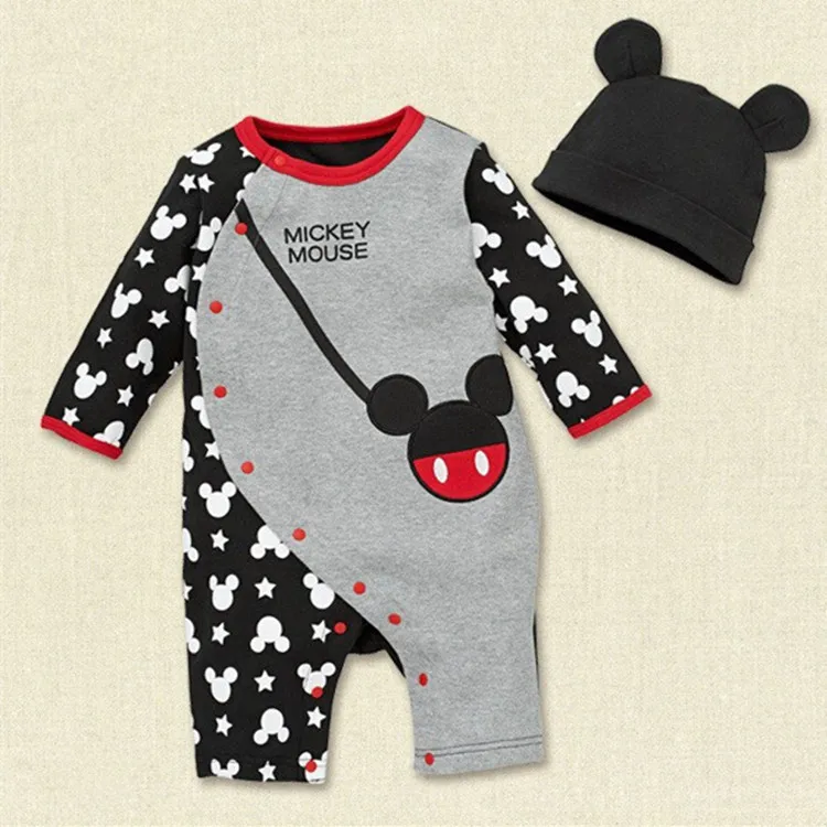 Black Mickey Г. Осенние детские комбинезоны с длинными рукавами и шапками, 2 шт., одежда для маленьких девочек комплекты одежды для новорожденных с рисунками животных Микки и Минни - Цвет: Black Mickey