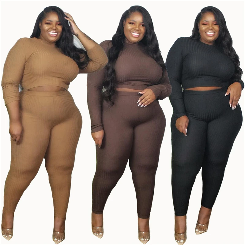 

2022 Plus Size Women Clothing Fashion Sexy Outfits Long Sleeve Top and Pants Bodycon Ribbed Two Piece Set Dropshipping Wholesale