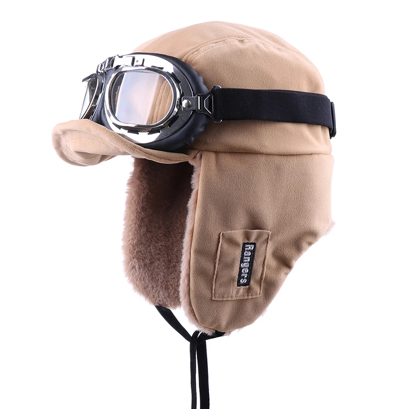Зимняя куртка-бомбер Шапки Плюшевые Earflap русская ушанка с очки для мужчин женщин's Траппер Авиатор шлем летчика Искусственная кожа меха зимние шапки - Цвет: Khaki-Clear Goggles