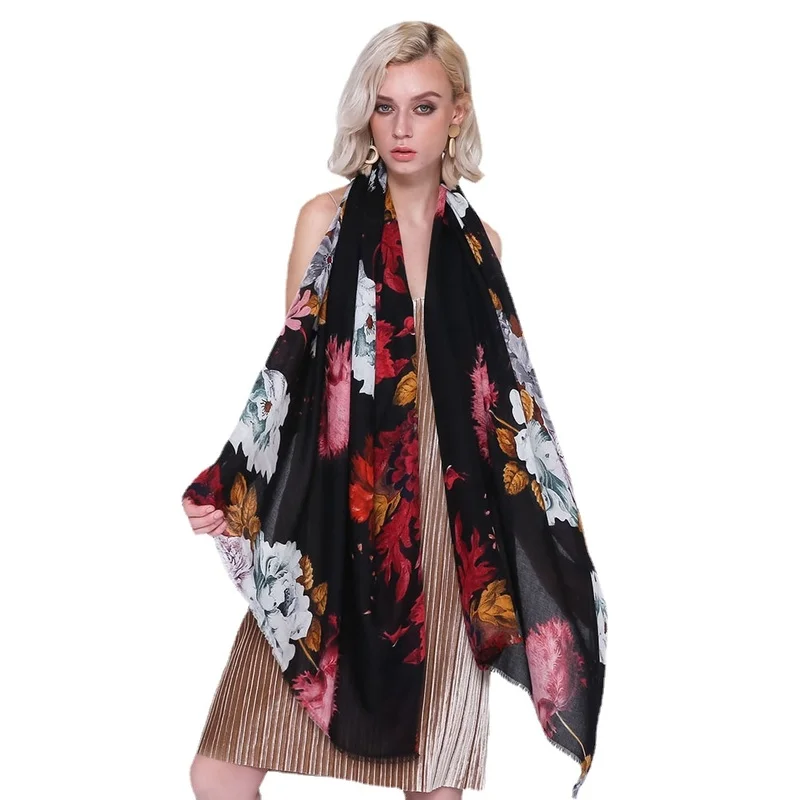 

Satin peony pattern women's scarf autumn and winter cotton hemp scarf