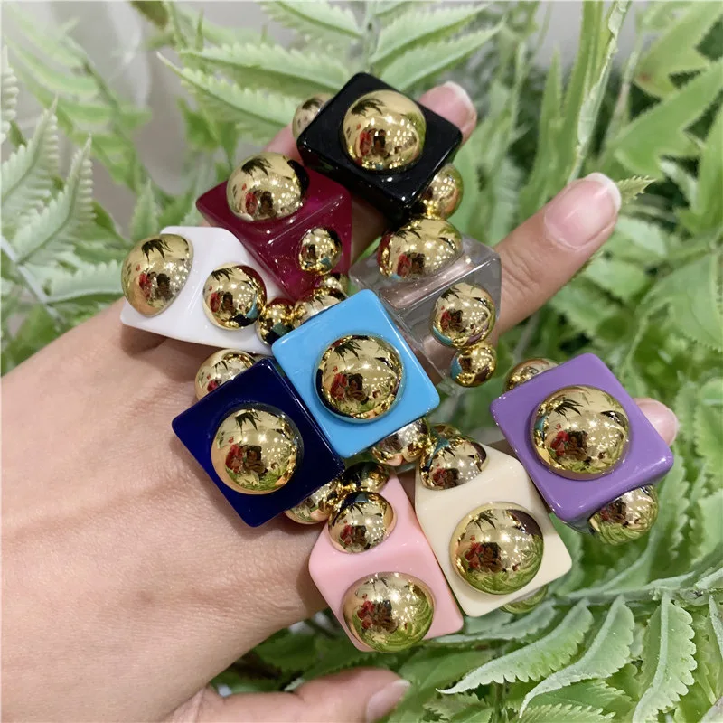 Punk Exaggeration Colorful Acrylic Resin Metallic Ball Geometric Square Finger Big Rings For Women Hip Hop Party Jewelry | Украшения и