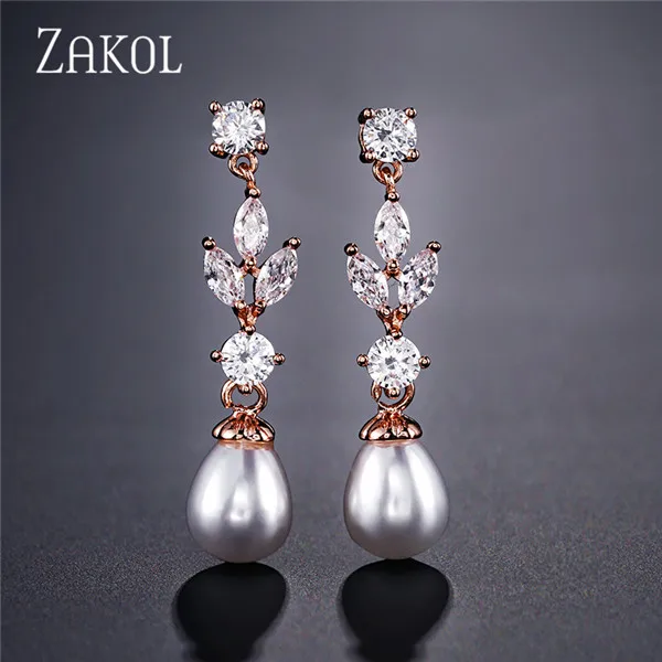 Rose Gold Color ZAKOL Мода AAA кубический циркон Висячие серьги для женщин белый цвет листьев Свадебные украшения с фабрики FSEP4004 - Окраска металла: Rose Gold Color